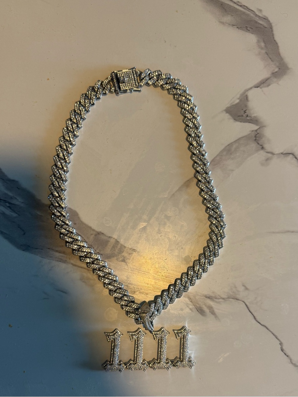 Silver Crystal Rope Chain Necklace with 1111 Number Pendant - Silver